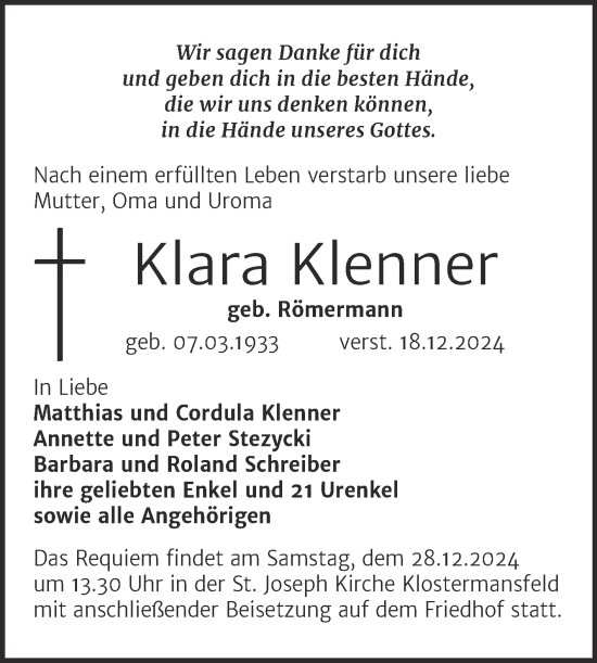 Traueranzeige von Klara Klenner von Trauerkombi Mansfelder Land