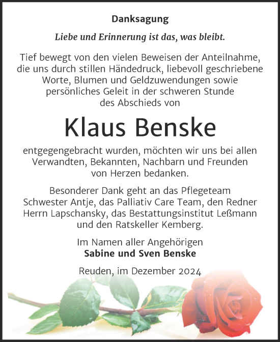 Traueranzeige von Klaus Benske von Trauerkombi Wittenberg