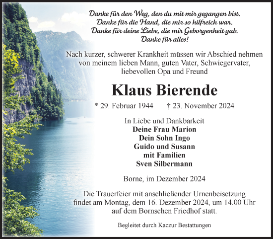 Traueranzeige von Klaus Bierende von Volksstimme Staßfurt