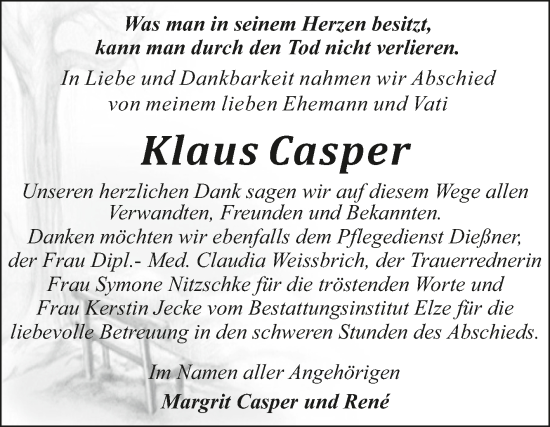 Traueranzeige von Klaus Casper von Trauerkombi Dessau