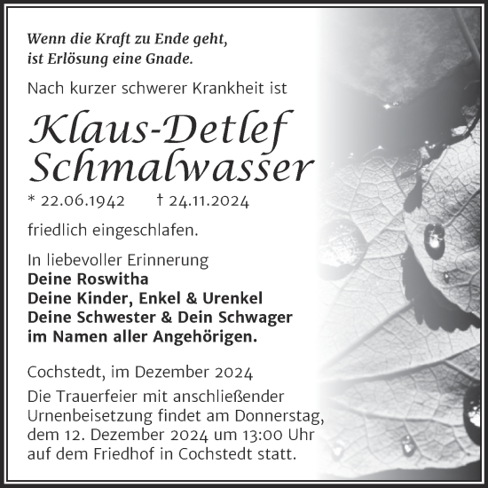 Traueranzeige von Klaus-Detlef Schmalwasser 