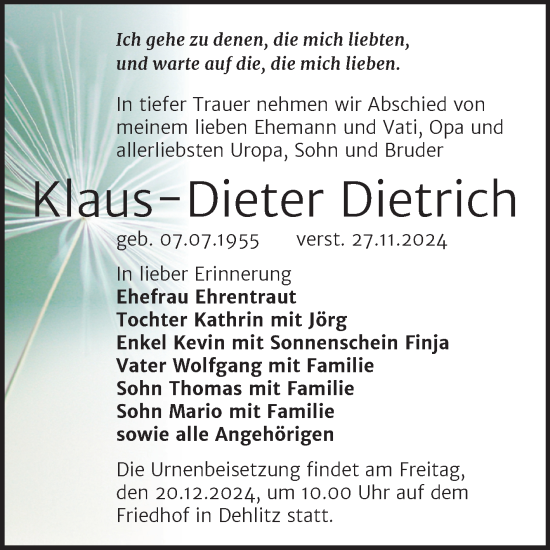 Traueranzeige von Klaus-Dieter Dietrich von Trauerkombi Weißenfels