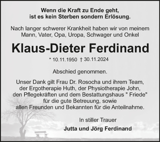 Traueranzeige von Klaus-Dieter Ferdinand von Trauerkombi Dessau