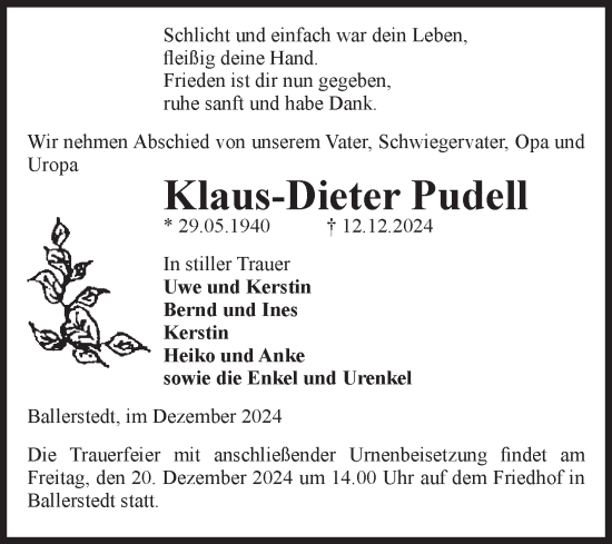 Traueranzeige von Klaus-Dieter Pudell von Volksstimme Altmark Ost