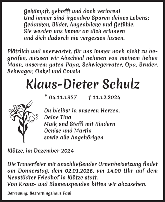 Traueranzeige von Klaus-Dieter Schulz von Volksstimme Altmark West