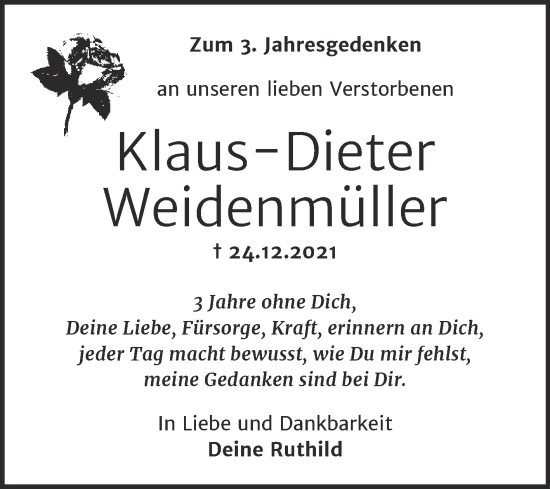 Traueranzeige von Klaus-Dieter Weidenmüller von Trauerkombi Köthen