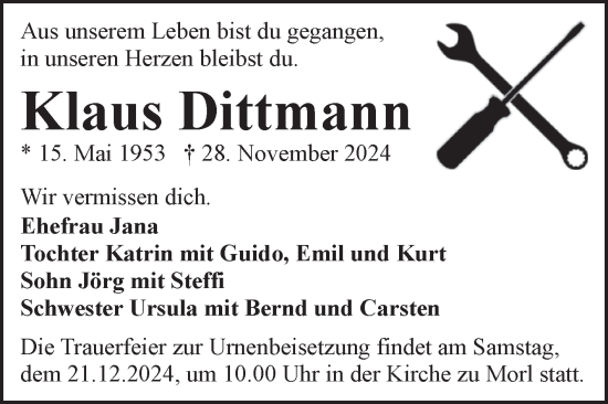 Traueranzeige von Klaus Dittmann von Mitteldeutsche Zeitung Halle/Saalkreis