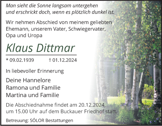 Traueranzeige von Klaus Dittmar von Volksstimme Magdeburg