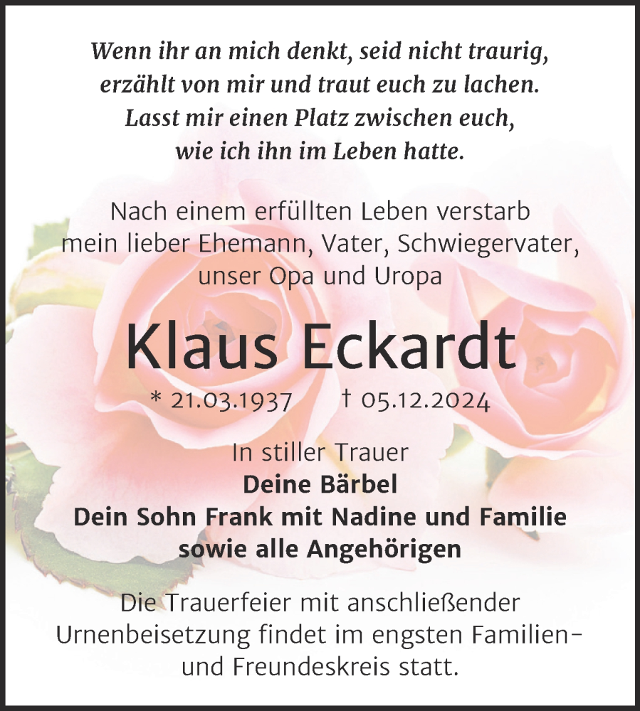  Traueranzeige für Klaus Eckardt vom 11.12.2024 aus Trauerkombi Sangerhausen