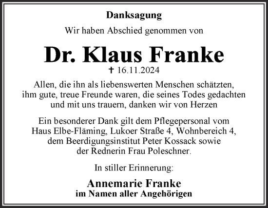 Traueranzeige von Klaus Franke von Trauerkombi Dessau