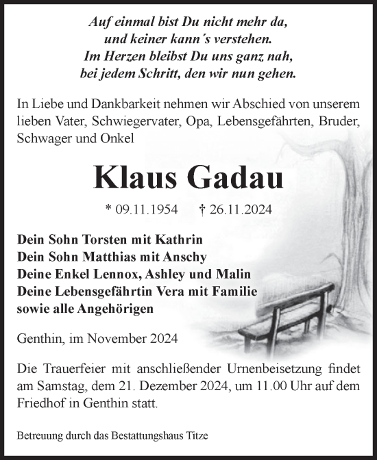 Traueranzeige von Klaus Gadau von Volksstimme Burg/Genthin
