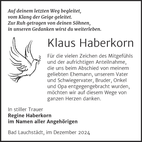 Traueranzeige von Klaus Haberkorn von Trauerkombi Merseburg