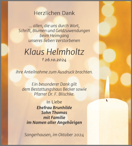 Traueranzeige von Klaus Helmholtz von Trauerkombi Sangerhausen
