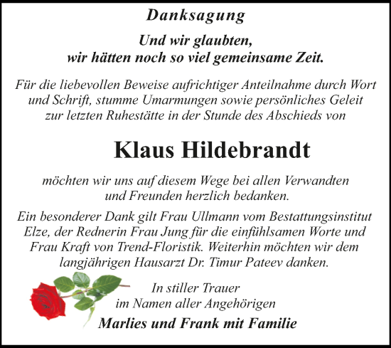 Traueranzeige von Klaus Hildebrandt von Trauerkombi Dessau