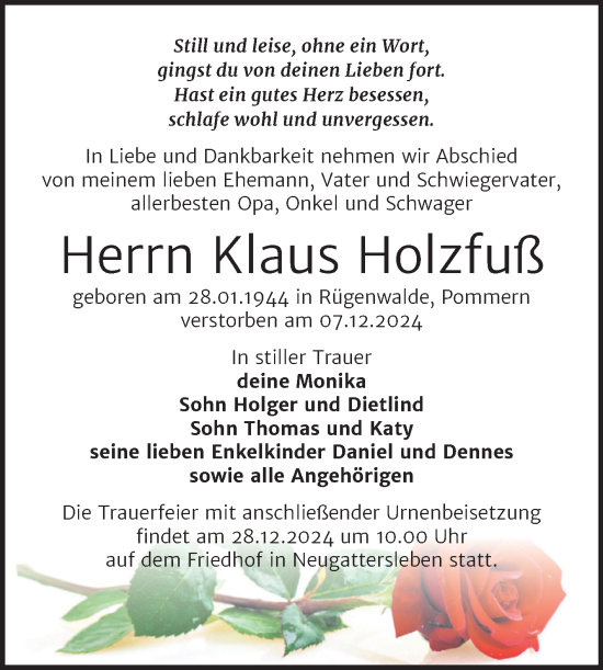 Traueranzeige von Klaus Holzfuß von Trauerkombi Bernburg