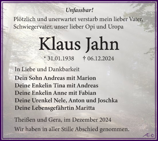 Traueranzeige von Klaus Jahn von Trauerkombi Zeitz