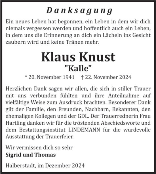 Traueranzeige von Klaus Knust von Volksstimme Halberstadt
