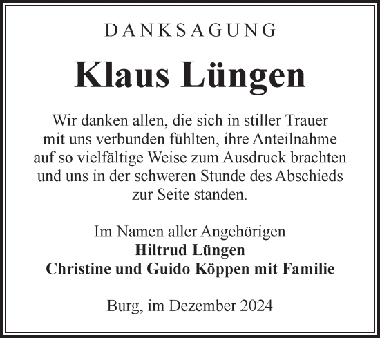 Traueranzeige von Klaus Lüngen von Volksstimme Burg/Genthin