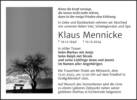 Traueranzeige von Klaus Mennicke von Trauerkombi Merseburg