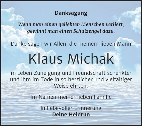 Traueranzeige von Klaus Michak von Trauerkombi Mansfelder Land