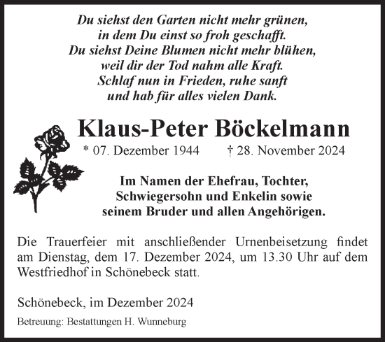 Traueranzeige von Klaus-Peter Böckelmann von Volksstimme Schönebeck