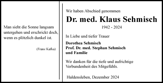 Traueranzeige von Klaus Sehmisch von Volksstimme Haldensleben/Wolmirstedt