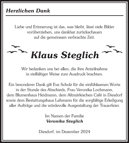 Traueranzeige von Klaus Steglich von Volksstimme Altmark West