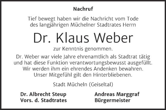 Traueranzeige von Klaus Weber von Mitteldeutsche Zeitung Merseburg/Querfurt
