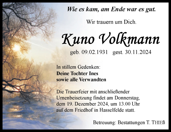 Traueranzeige von Kuno Volkmann von Volksstimme Wernigerode