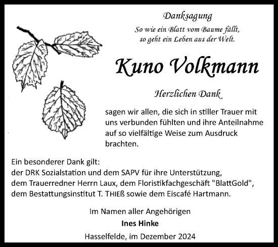 Traueranzeige von Kuno Volkmann von Volksstimme Wernigerode