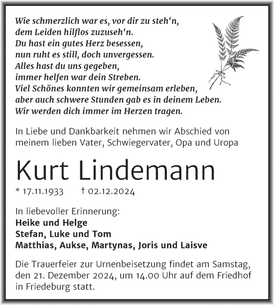 Traueranzeige von Kurt Lindemann von Trauerkombi Mansfelder Land