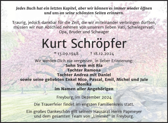 Traueranzeige von Kurt Schröpfer von Naumburger Tageblatt