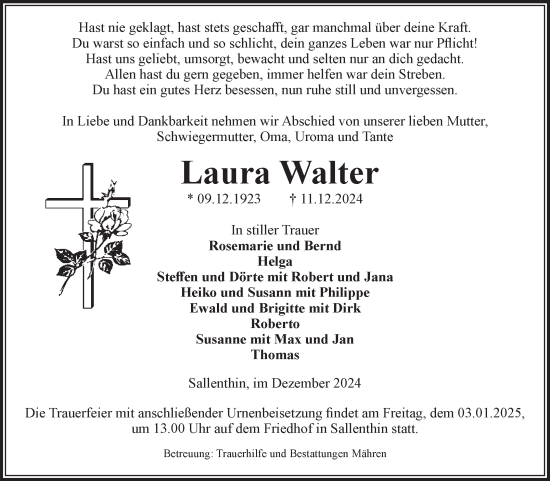 Traueranzeige von Laura Walter von Volksstimme Altmark West
