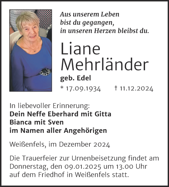 Traueranzeige von Liane Mehrländer von Trauerkombi Weißenfels