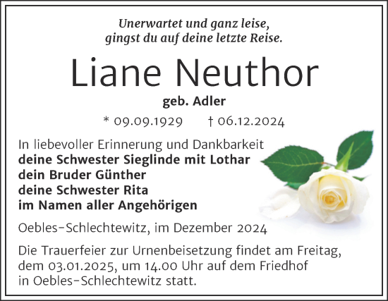 Traueranzeige von Liane Neuthor von Trauerkombi Merseburg