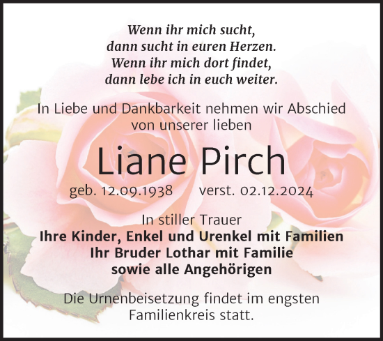 Traueranzeige von Liane Pirch von Trauerkombi Weißenfels