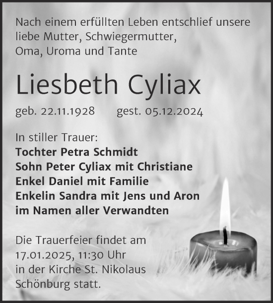 Traueranzeige von Liesbeth Cyliax von Super Sonntag Naumburg/Nebra