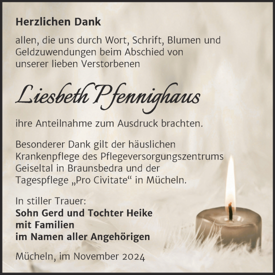 Traueranzeige von Liesbeth Pfennighaus von Trauerkombi Merseburg