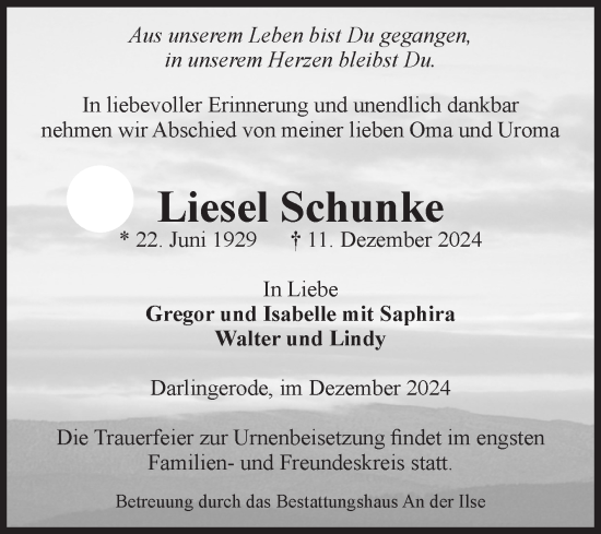 Traueranzeige von Liesel Schunke von Volksstimme Wernigerode
