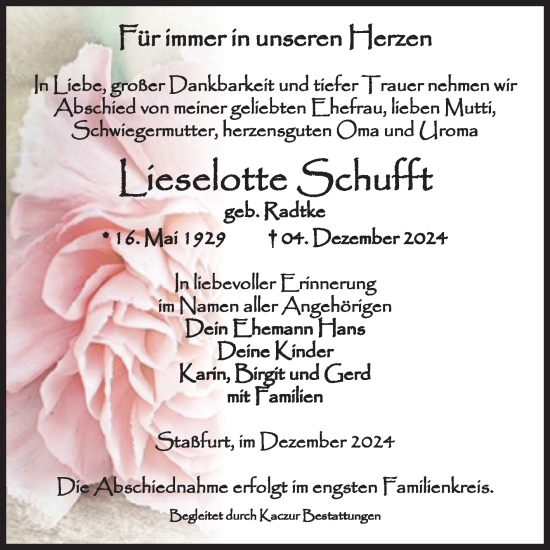 Traueranzeige von Lieselotte Schufft von Volksstimme Staßfurt