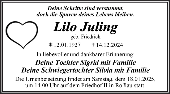 Traueranzeige von Lilo Juling von Trauerkombi Dessau
