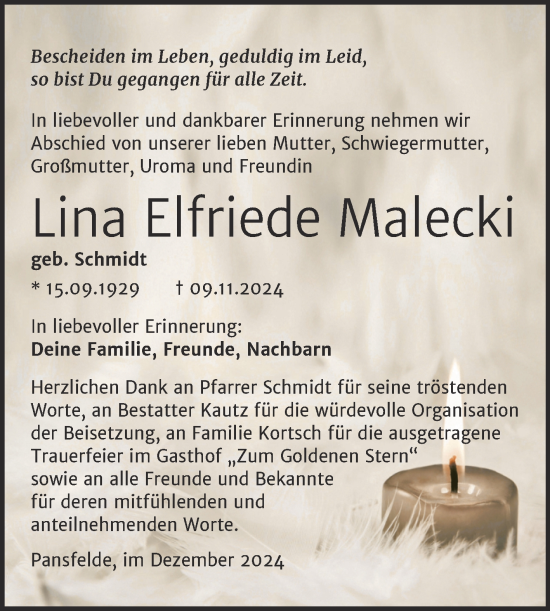 Traueranzeige von Lina Elfriede Malecki von Trauerkombi Quedlinburg