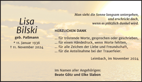 Traueranzeige von Lisa Bilski von Trauerkombi Mansfelder Land