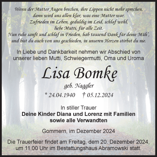 Traueranzeige von Lisa Bomke von Volksstimme Burg/Genthin