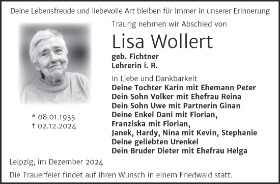 Traueranzeige von Lisa Wollert von Trauerkombi Köthen