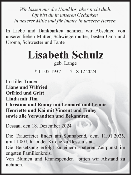 Traueranzeige von Lisabeth Schulz von Volksstimme Altmark Ost