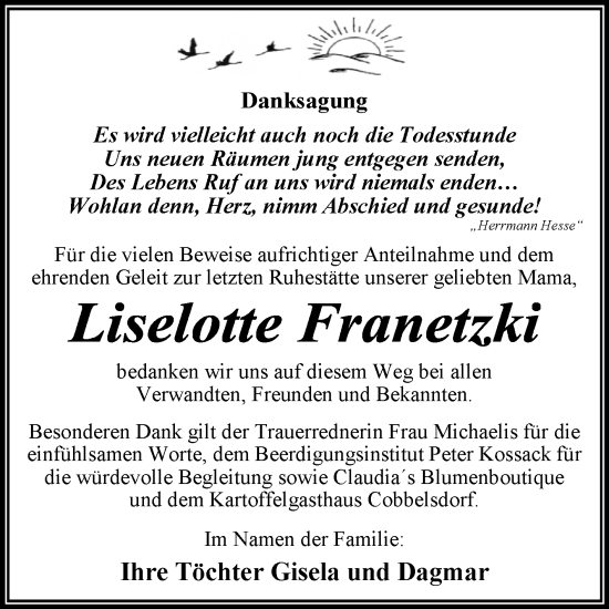 Traueranzeige von Liselotte Franetzki von Trauerkombi Wittenberg