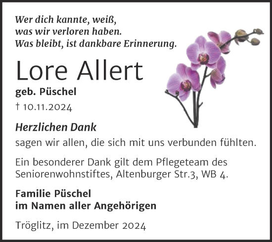 Traueranzeige von Lore Allert von Trauerkombi Zeitz