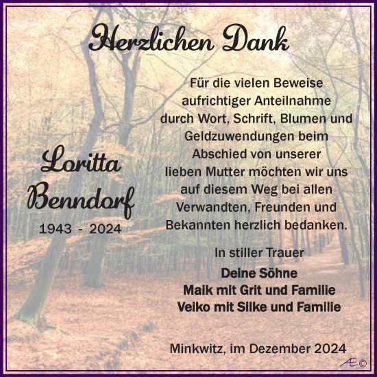 Traueranzeige von Loritta Benndorf von Trauerkombi Zeitz
