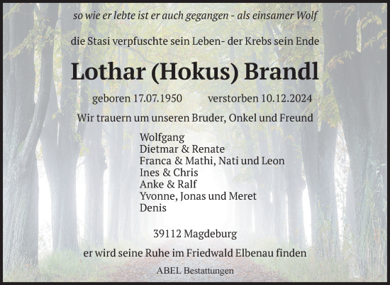 Traueranzeige von Lothar Brandl von Volksstimme Magdeburg